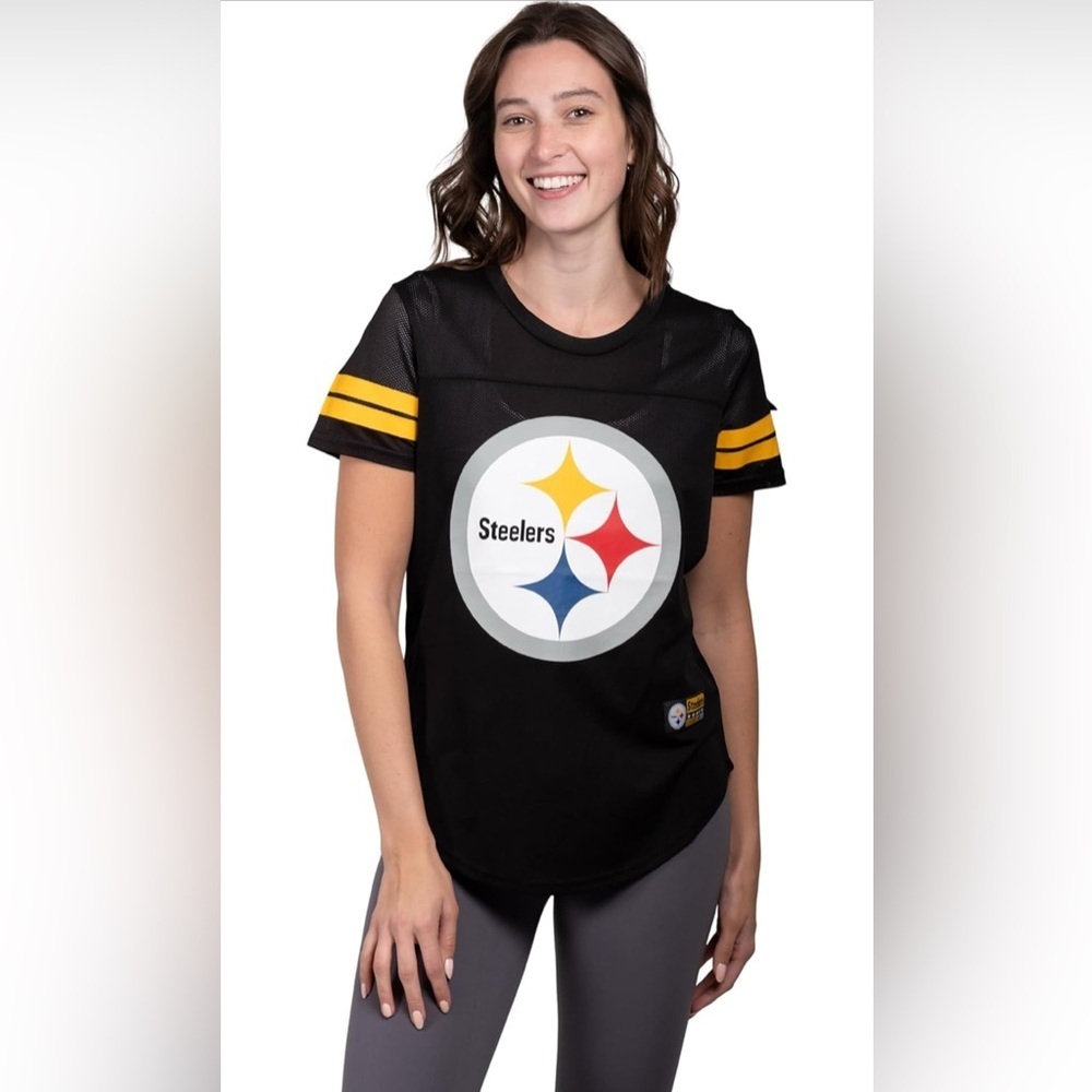 NWT- Ultra Game Women's NFL Pittsburgh Steelers Soft Mesh Varsity Stripe Jersey
